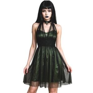 Vintage Y2K Cumbia Dress XS Green Satin Black Mesh Goth Fairycore Party Whimsy